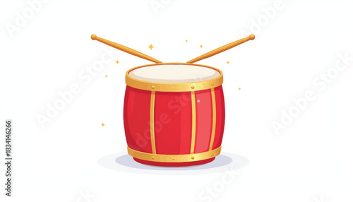 Vibrant red and gold cartoon drum with drumsticks illustration, a classic percussion musical instrument for rhythm and celebration on a white background.