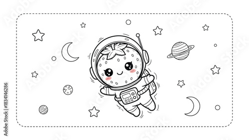 Strawberry Astronaut: A charming strawberry character, dressed as an astronaut, floats weightlessly among the stars and planets, a whimsical fusion of nature and space exploration. 