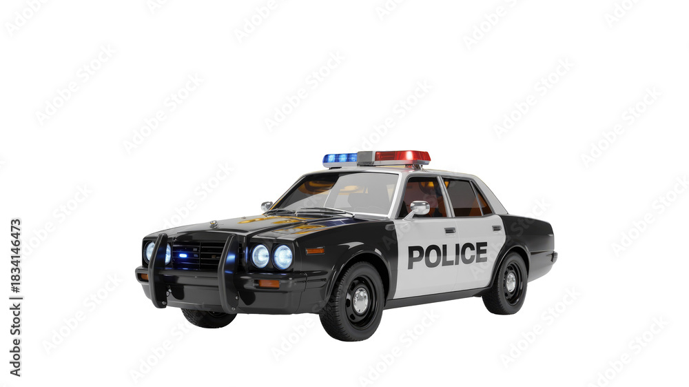 Fototapeta premium A classic black and white police car with flashing emergency lights and a front push bar, ready for duty. background removed