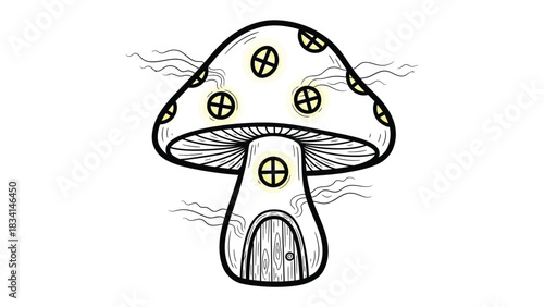 Enchanted Mushroom House: A whimsical illustration of a charming mushroom house, complete with a cozy doorway and windows, set against a clean, simple background.