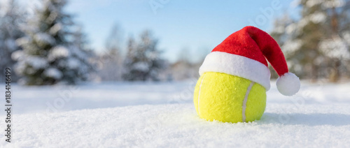 Santa hat on tennis ball in snowy winter background
