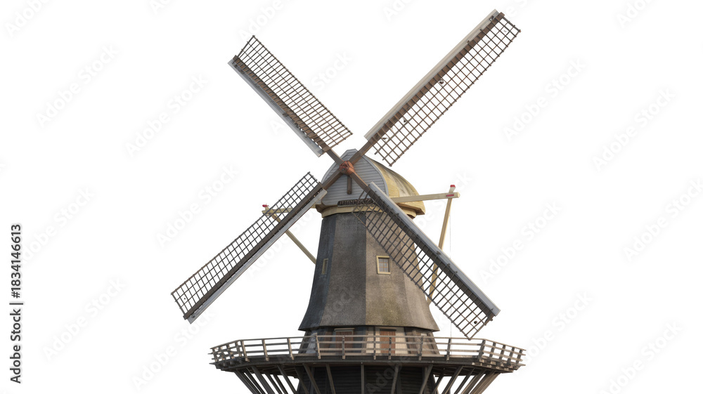 Obraz premium Classic wooden windmill with large sails and a thatched body, featuring an observation platform, isolated on a clean transparent background. background removed