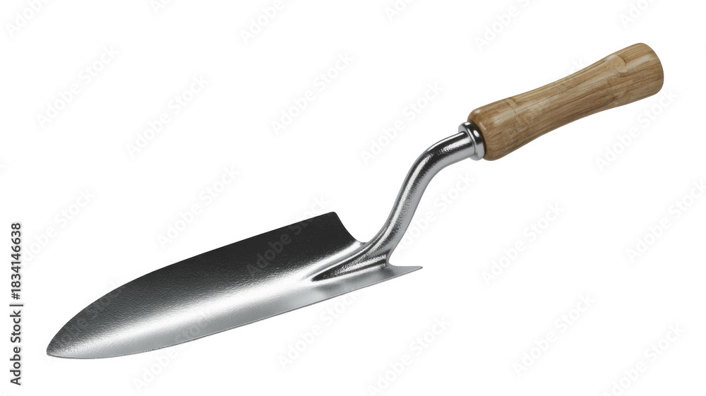 Obraz premium A shiny metallic gardening trowel with a natural wooden handle, ready for planting and digging tasks. Isolated on a transparent background. background removed