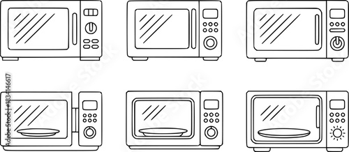 Collection of Six Black and White Microwave Oven Illustrations