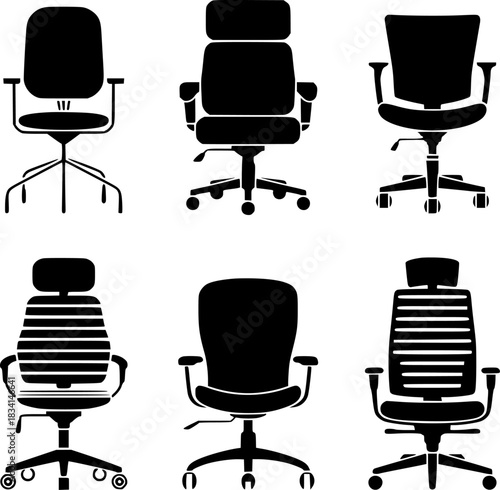 Collection of Six Black Office Chair Silhouettes on White Background