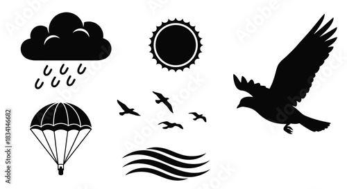 Vector graphic of weather elements and outdoor adventure symbols set