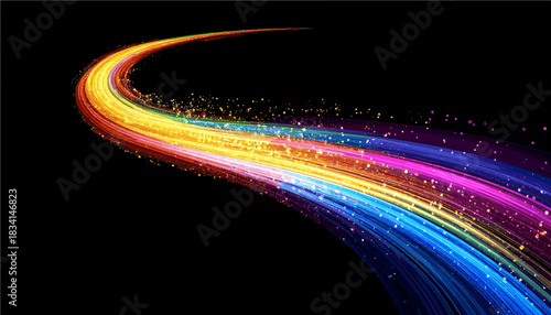 Colorful glowing light streak curve with particle effects, magic rainbow swoosh trail transparent PNG SVG 