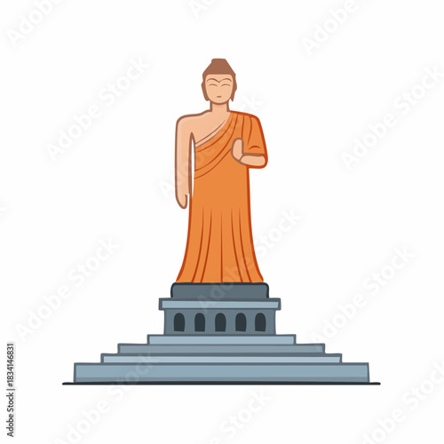 Standing Buddha statue in saffron robes on a multi tiered pedestal illustration