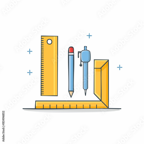 Cartoon illustration of drafting and geometry tools for school and design