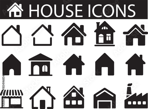 Black and White House and Trailer Icon Set – Minimal Solid Home and Caravan Symbols