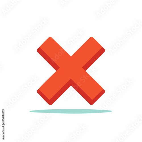 Vivid Red Cross Sign with Shadow Representing Rejection or Incorrect Choice in an Abstract Style, Bright and Modern
