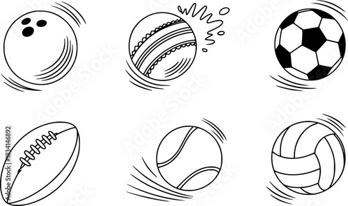 Collection of Six Different Sports Balls in Motion