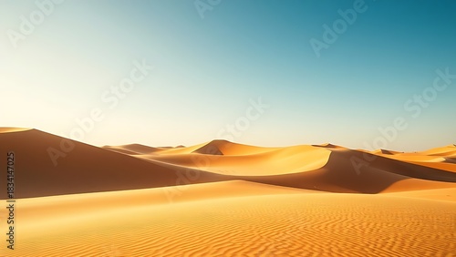 Vast golden sand dunes of the Sahara desert under a clear blue sky with warm sunlight.
