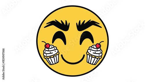 Sweet Emoji Delight: A cheerful yellow emoji is adorned with delightful cupcake, adding a touch of sweetness and playful fun to a simple design. Capturing joyful expression