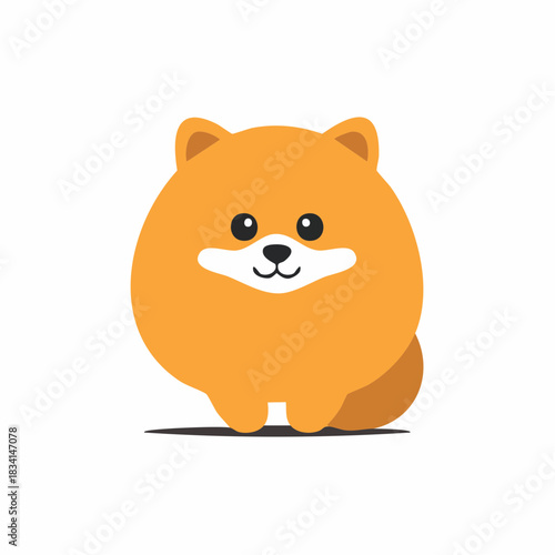 A cute and fluffy orange Pomeranian dog cartoon character smiling, simple vector illustration