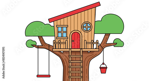 Illustration of a treehouse with swing ladder and bucket drawing