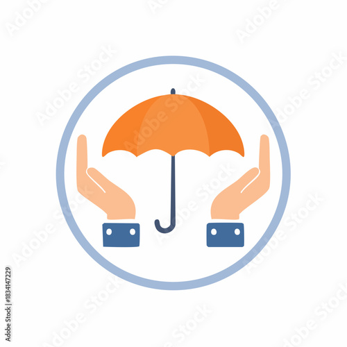 Insurance protection concept icon with hands holding an orange umbrella symbol for safety and security