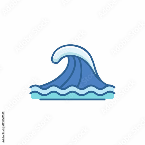 Stylized blue ocean wave with white crest curling and rolling on clear water