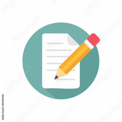 Yellow pencil writing on a document with lines inside a teal circle