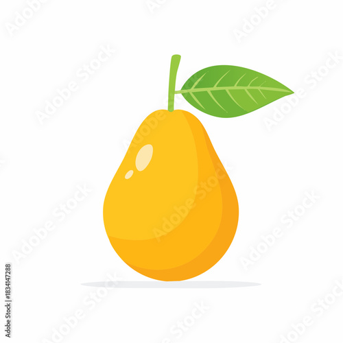 Fresh Yellow Pear Fruit Illustration with Green Leaf and Stem
