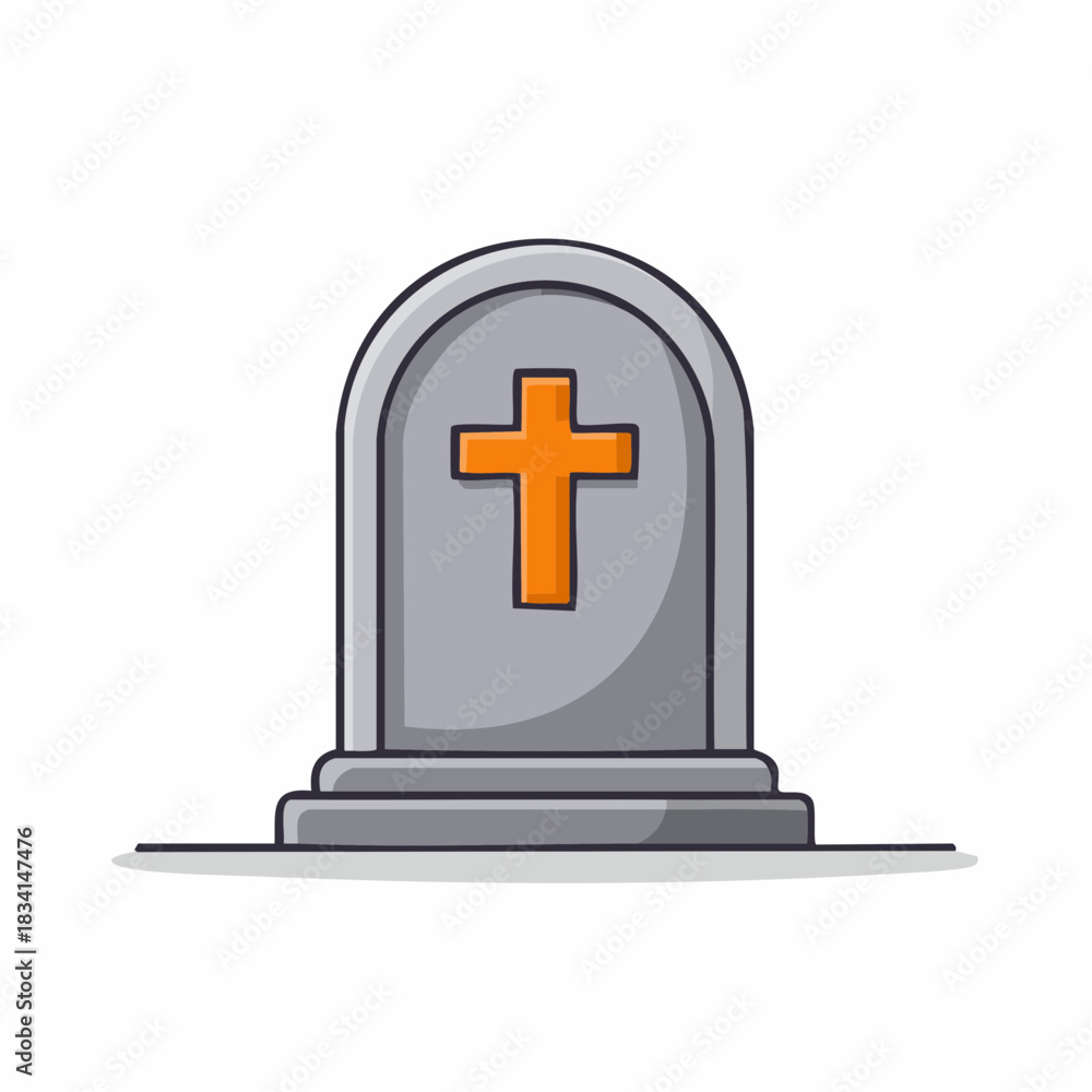 Obraz premium Cartoon gray tombstone with orange cross a religious memorial symbol for remembrance and death