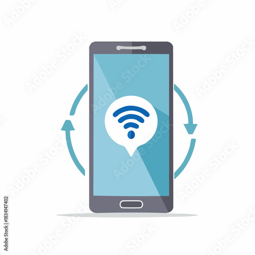 Smartphone screen displays WiFi signal in speech bubble with circular arrows