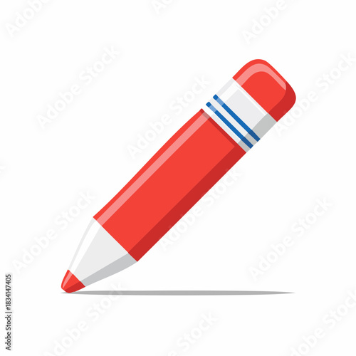 Bright red wooden pencil with an attached eraser for writing drawing and correcting