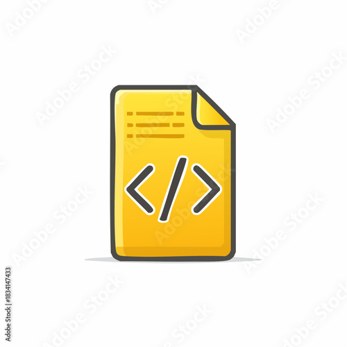 Yellow code file document icon with programming tags for web development and software