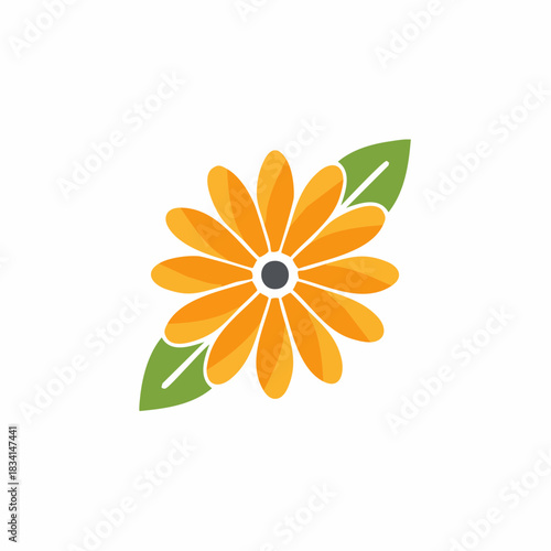 Stylized orange daisy flower with green leaves graphic illustration