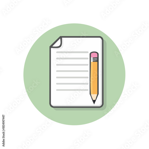 Simple flat design illustration of a document paper with lines and writing pencil for notes education or office work
