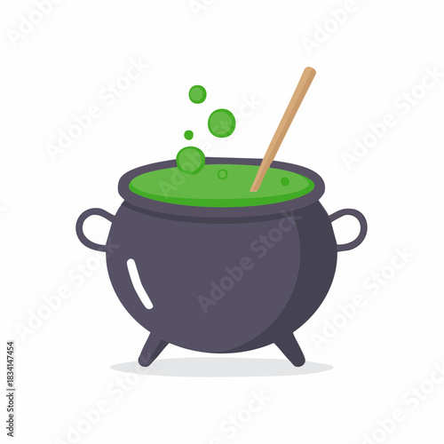 Halloween witch cauldron with bubbling green potion and a stirring spoon illustration