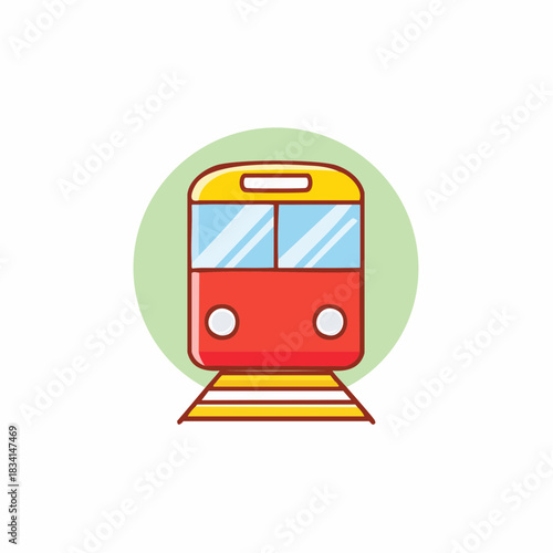 Bright red and yellow subway train with blue windows and railroad tracks illustration