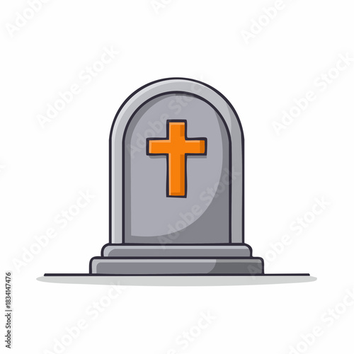 Cartoon gray tombstone with orange cross a religious memorial symbol for remembrance and death