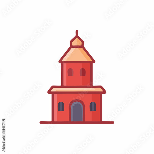 Red church building icon with steeple tower flat design illustration