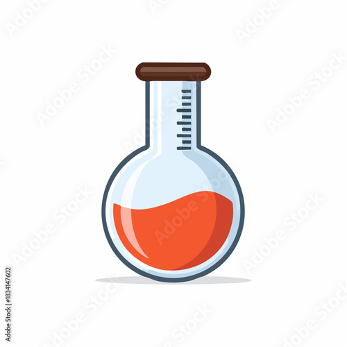 Illustrated Laboratory Round Bottom Flask with Orange Liquid for Science Experiments