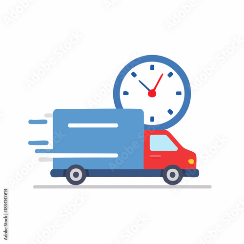 Express delivery truck driving quickly with large clock icon illustrating fast shipping and timely logistics service