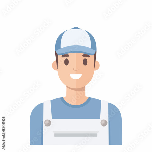 Friendly cartoon man wearing blue cap and white overalls smiling happily