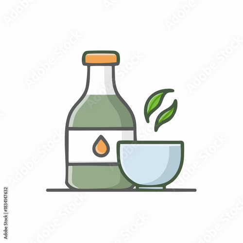 Traditional Asian Beverage Bottle and Small Cup with Green Leaves Vector Icon