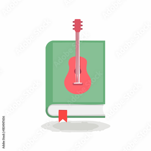 Acoustic Guitar Resting Atop Green Book with Red Bookmark on White
