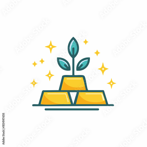 Plant growing from gold bars symbolizing financial growth and investment success