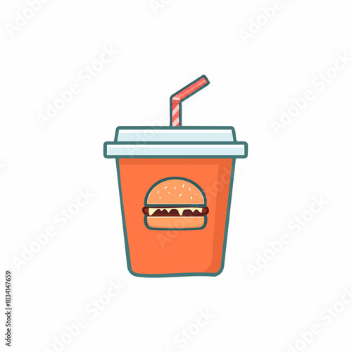 Stylized Orange Drink Cup with Burger Icon and Red Striped Straw