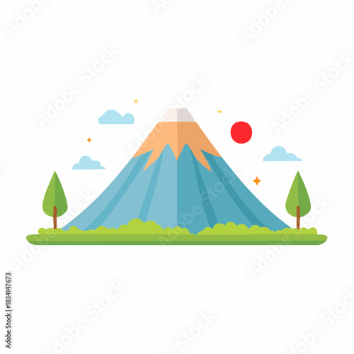 Japanese Mountain Landscape with Red Sun Flat Vector Illustration