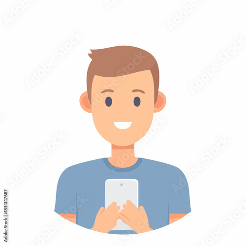 Smiling young man holding and looking at a mobile phone device screen with both hands