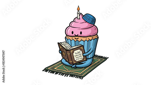 Cupcake Reading a Book: An animated cupcake, adorned with a candle and a cap, engrossed in reading a book while seated on a patterned prayer rug, symbolizing learning and faith.