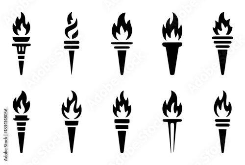 Collection of ten black and white torch icons with flames