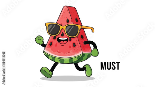 Cool Watermelon Run: A playful watermelon character, sporting stylish sunglasses, embarks on a joyful run, perfect for summer fun, embodying the vibrant essence of healthy living.