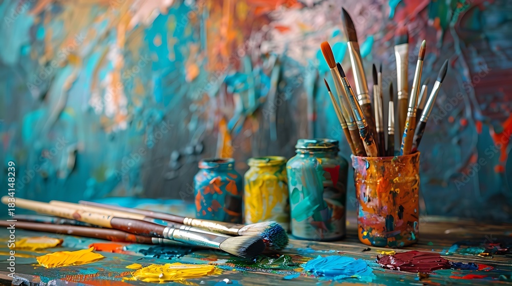 Fototapeta premium Artistic still life with paintbrushes and colorful paint bottles on a vibrant background