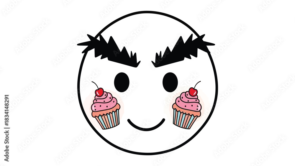 Fototapeta premium Whimsical Smile: An adorable smiley face with expressive eyebrows and cupcake-adorned cheeks, symbolizing sweetness and joy. 