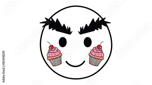 Whimsical Smile: An adorable smiley face with expressive eyebrows and cupcake-adorned cheeks, symbolizing sweetness and joy. 