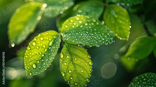 Close up of vibrant green leaves with sparkling water droplets after rain